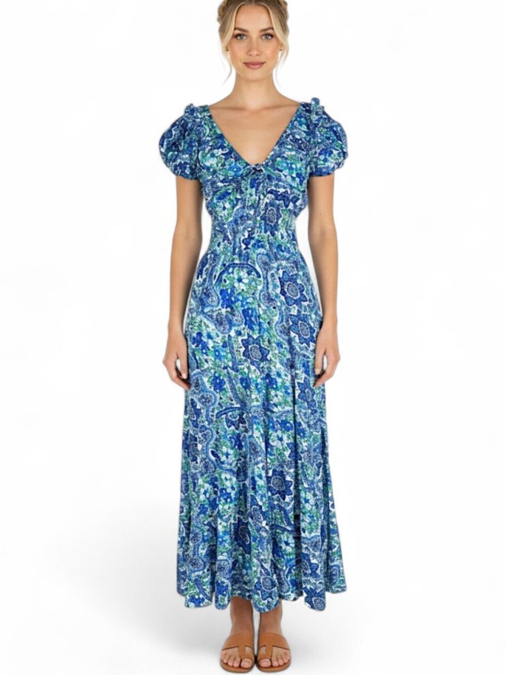 House of Harlow 1960 Gitty Blue Cap Sleeve Smocked Waist Tiered Maxi Dress XS